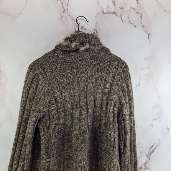 BKE Sweater Women Large Brown Wool Cardigan Tunic Open Front Boho Feather Fringe - Picture 6 of 11